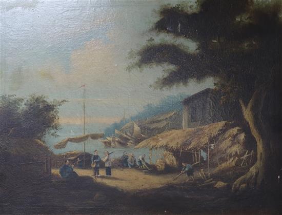 19th century Anglo-Chinese School, River landscape with a settlement and figures in the foreground, 45 x 59cm